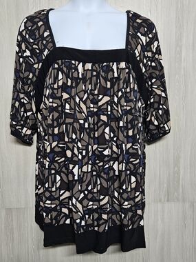 Lane Bryant Black, Brown & Cream Abstract Square-Neck Tunic